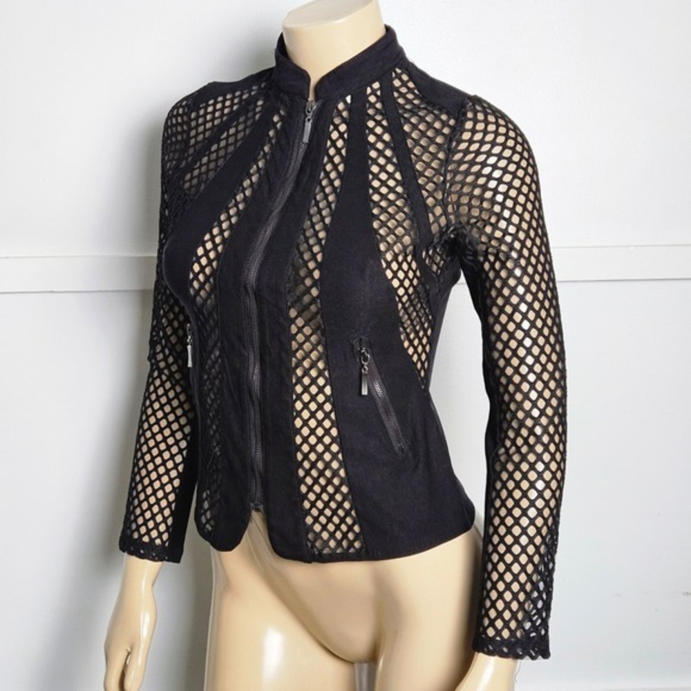 Carmin Womens Black Mesh Paneled Zip Up Jacket Mock Neck Edgy Goth Small